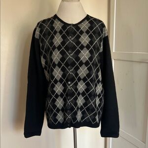 Vintage Lambswool Lauren Ralph Lauren Black Gray White Argyle Cardigan Size XL